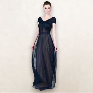 TADASHI SHOJI elegant evening gown, black tulle over gold, pleated bodice [10]